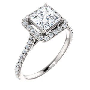 Cubic Zirconia Engagement Ring- The Bailey (Customizable Cathedral-set Princess Cut Design with Halo, Thin Pavé Band and Floating Peekaboo) - Image 2