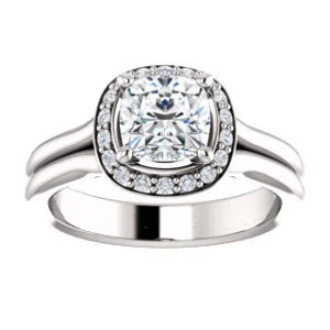 Cubic Zirconia Engagement Ring- The Bebi (Customizable Cathedral-Halo Cushion Cut Design with Wide Split Band) - Image 4