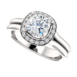 Cubic Zirconia Engagement Ring- The Bebi (Customizable Cathedral-Halo Cushion Cut Design with Wide Split Band) - Image 6