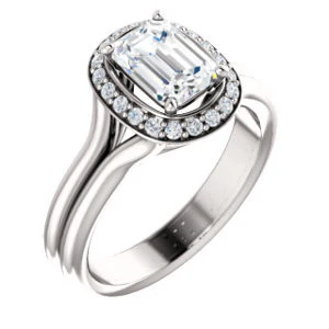 Cubic Zirconia Engagement Ring- The Bebi (Customizable Cathedral-Halo Emerald Cut Design with Wide Split Band) - Image 2
