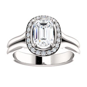Cubic Zirconia Engagement Ring- The Bebi (Customizable Cathedral-Halo Emerald Cut Design with Wide Split Band) - Image 4