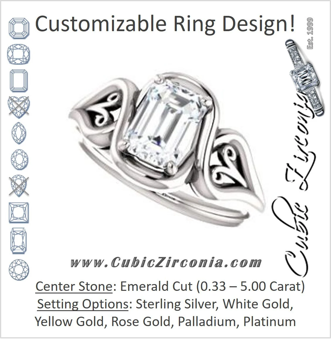 Cubic Zirconia Engagement Ring- The Bentley (Customizable Emerald Cut Solitaire with Wide Tapered Band and Side Engraving Motif)