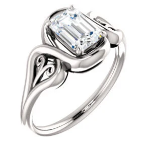 Cubic Zirconia Engagement Ring- The Bentley (Customizable Emerald Cut Solitaire with Wide Tapered Band and Side Engraving Motif) - Image 2