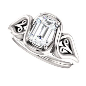 Cubic Zirconia Engagement Ring- The Bentley (Customizable Emerald Cut Solitaire with Wide Tapered Band and Side Engraving Motif) - Image 6