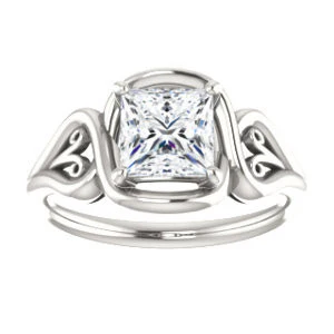 Cubic Zirconia Engagement Ring- The Bentley (Customizable Princess Cut Solitaire with Wide Tapered Band and Side Engraving Motif) - Image 4