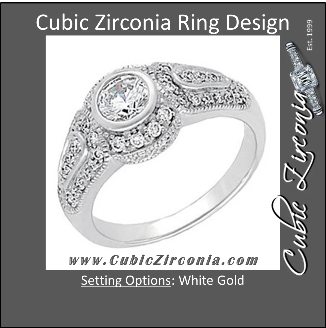 Cubic Zirconia Engagement Ring- The Beth (0.5 Carat Round Bezel-Set Vintage Design with Accent Stones) - Image 2