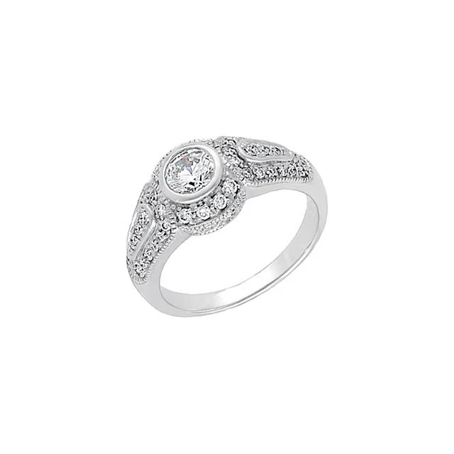 Cubic Zirconia Engagement Ring- The Beth (0.5 Carat Round Bezel-Set Vintage Design with Accent Stones) - Image 3