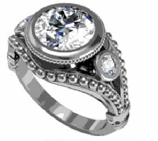 Cubic Zirconia Engagement Ring- The Carolyn (3-Stone 2.14 TCW Round Bezel-set with Bubble Beaded Design) - Image 3