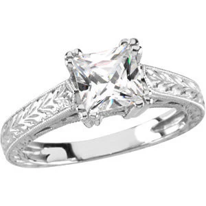 Cubic Zirconia Engagement Ring- The Cindy (0.5 or 1.0 Carat Princess-Cut Solitaire with Hand-Engraved Band) - Image 3