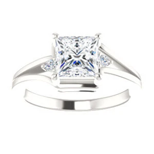 Cubic Zirconia Engagement Ring- The Erma (Customizable Princess Cut 3-stone Style with Small Round Cut Accents and Tapered Split Band) - Image 4