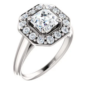 Cubic Zirconia Engagement Ring- The Esperanza (Customizable Cathedral-set Asscher Cut Style with Large Cluster Halo Accents and Tapered Band) - Image 2