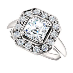 Cubic Zirconia Engagement Ring- The Esperanza (Customizable Cathedral-set Asscher Cut Style with Large Cluster Halo Accents and Tapered Band) - Image 6