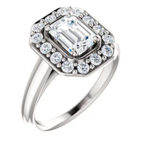 Cubic Zirconia Engagement Ring- The Esperanza (Customizable Cathedral-set Emerald Cut Style with Large Cluster Halo Accents and Tapered Band) - Image 2