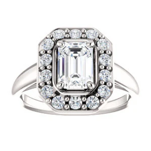 Cubic Zirconia Engagement Ring- The Esperanza (Customizable Cathedral-set Emerald Cut Style with Large Cluster Halo Accents and Tapered Band) - Image 4
