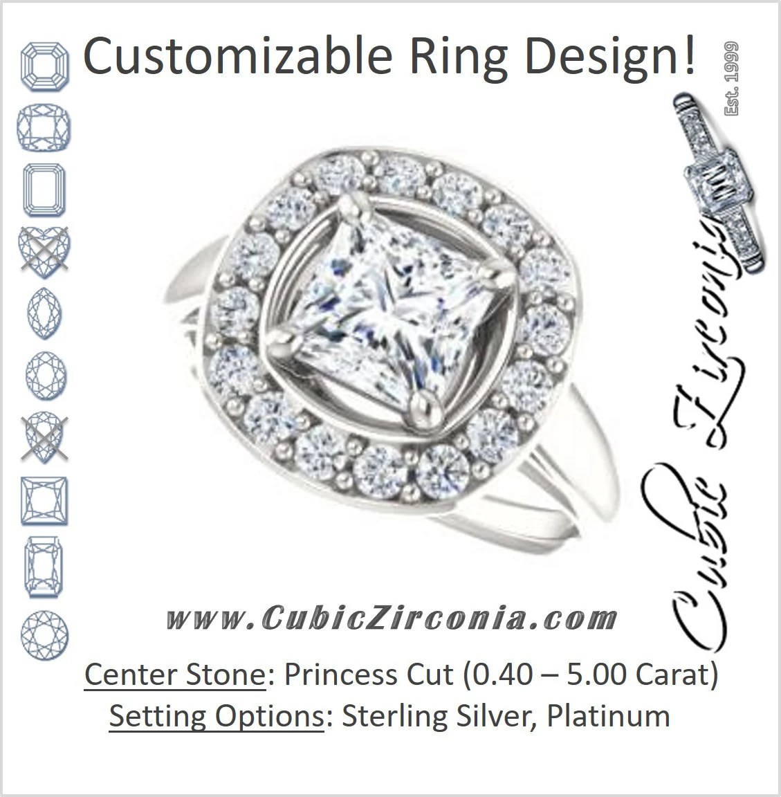 Cubic Zirconia Engagement Ring- The Esperanza (Customizable Cathedral-set Princess Cut Style with Large Cluster Halo Accents and Tapered Band)