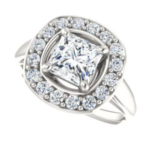 Cubic Zirconia Engagement Ring- The Esperanza (Customizable Cathedral-set Princess Cut Style with Large Cluster Halo Accents and Tapered Band) - Image 6