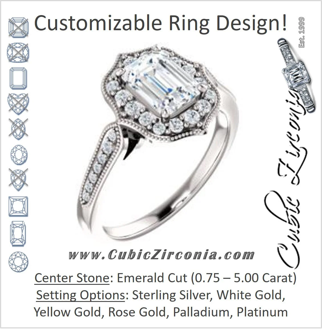 Cubic Zirconia Engagement Ring- The Faida (Customizable Cathedral-set Emerald Cut Design with Halo and Milgrained Pavé Band)