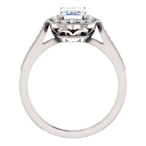 Cubic Zirconia Engagement Ring- The Faida (Customizable Cathedral-set Emerald Cut Design with Halo and Milgrained Pavé Band) - Image 3