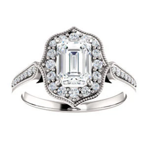 Cubic Zirconia Engagement Ring- The Faida (Customizable Cathedral-set Emerald Cut Design with Halo and Milgrained Pavé Band) - Image 4