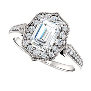 Cubic Zirconia Engagement Ring- The Faida (Customizable Cathedral-set Emerald Cut Design with Halo and Milgrained Pavé Band) - Image 6