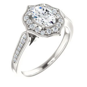 Cubic Zirconia Engagement Ring- The Faida (Customizable Cathedral-set Oval Cut Design with Halo and Milgrained Pavé Band) - Image 2