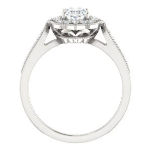 Cubic Zirconia Engagement Ring- The Faida (Customizable Cathedral-set Oval Cut Design with Halo and Milgrained Pavé Band) - Image 3