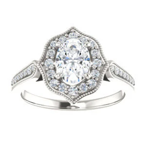 Cubic Zirconia Engagement Ring- The Faida (Customizable Cathedral-set Oval Cut Design with Halo and Milgrained Pavé Band) - Image 4