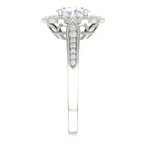 Cubic Zirconia Engagement Ring- The Faida (Customizable Cathedral-set Oval Cut Design with Halo and Milgrained Pavé Band) - Image 5