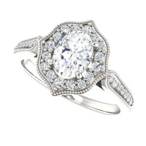 Cubic Zirconia Engagement Ring- The Faida (Customizable Cathedral-set Oval Cut Design with Halo and Milgrained Pavé Band) - Image 6