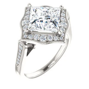 Cubic Zirconia Engagement Ring- The Faida (Customizable Cathedral-set Princess Cut Design with Halo and Milgrained Pavé Band) - Image 2