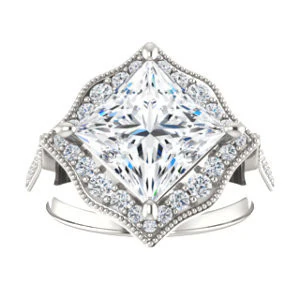 Cubic Zirconia Engagement Ring- The Faida (Customizable Cathedral-set Princess Cut Design with Halo and Milgrained Pavé Band) - Image 4