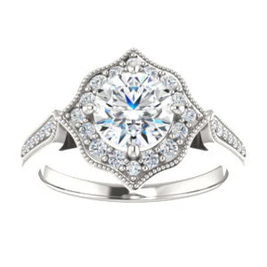 Cubic Zirconia Engagement Ring- The Faida (Customizable Cathedral-set Round Cut Design with Halo and Milgrained Pavé Band) - Image 4