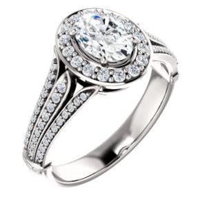 Cubic Zirconia Engagement Ring- The Frannie (Customizable Oval Cut Style with Halo and Tri-Split Pavé Band) - Image 3