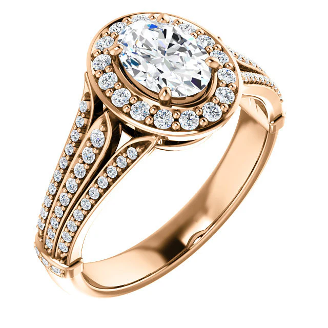 Cubic Zirconia Engagement Ring- The Frannie (Customizable Oval Cut Style with Halo and Tri-Split Pavé Band) - Image 7