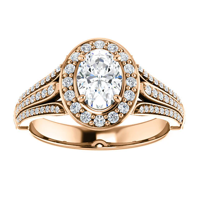 Cubic Zirconia Engagement Ring- The Frannie (Customizable Oval Cut Style with Halo and Tri-Split Pavé Band) - Image 8