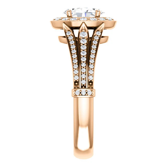 Cubic Zirconia Engagement Ring- The Frannie (Customizable Oval Cut Style with Halo and Tri-Split Pavé Band) - Image 9