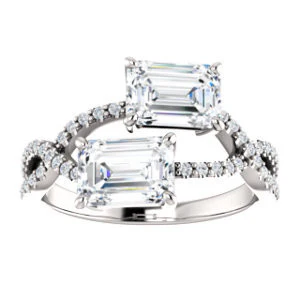 Cubic Zirconia Engagement Ring- The Harleigh (Customizable 2-stone Emerald Cut Artisan Style With Twisting Split-Pavé Band) - Image 4