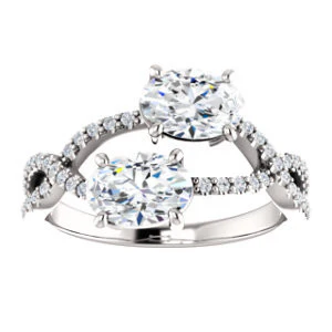 Cubic Zirconia Engagement Ring- The Harleigh (Customizable 2-stone Oval Cut Artisan Style With Twisting Split-Pavé Band) - Image 4