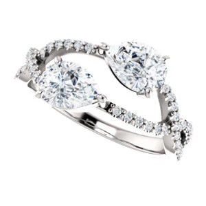 Cubic Zirconia Engagement Ring- The Harleigh (Customizable 2-stone Pear Cut Artisan Style With Twisting Split-Pavé Band) - Image 6