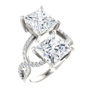 Cubic Zirconia Engagement Ring- The Harleigh (Customizable 2-stone Princess Cut Artisan Style With Twisting Split-Pavé Band) - Image 2