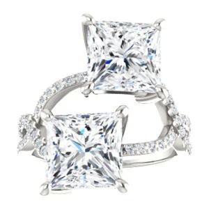 Cubic Zirconia Engagement Ring- The Harleigh (Customizable 2-stone Princess Cut Artisan Style With Twisting Split-Pavé Band) - Image 4