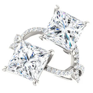 Cubic Zirconia Engagement Ring- The Harleigh (Customizable 2-stone Princess Cut Artisan Style With Twisting Split-Pavé Band) - Image 6