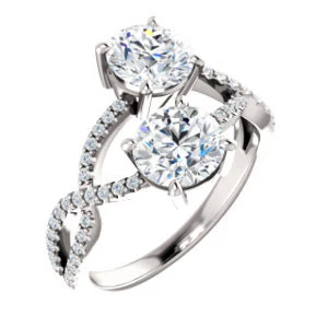 Cubic Zirconia Engagement Ring- The Harleigh (Customizable 2-stone Round Cut Artisan Style With Twisting Split-Pavé Band) - Image 2
