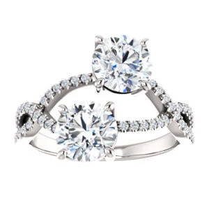 Cubic Zirconia Engagement Ring- The Harleigh (Customizable 2-stone Round Cut Artisan Style With Twisting Split-Pavé Band) - Image 4