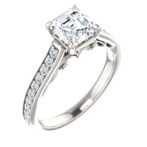 Cubic Zirconia Engagement Ring- The Jamiyah (Customizable Asscher Cut Design with Decorative Trellis Engraving and Pavé Band) - Image 2
