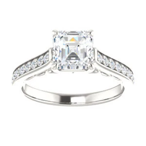 Cubic Zirconia Engagement Ring- The Jamiyah (Customizable Asscher Cut Design with Decorative Trellis Engraving and Pavé Band) - Image 4