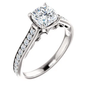 Cubic Zirconia Engagement Ring- The Jamiyah (Customizable Cushion Cut Design with Decorative Trellis Engraving and Pavé Band) - Image 2