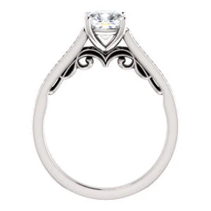 Cubic Zirconia Engagement Ring- The Jamiyah (Customizable Cushion Cut Design with Decorative Trellis Engraving and Pavé Band) - Image 3