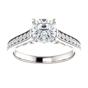 Cubic Zirconia Engagement Ring- The Jamiyah (Customizable Cushion Cut Design with Decorative Trellis Engraving and Pavé Band) - Image 4