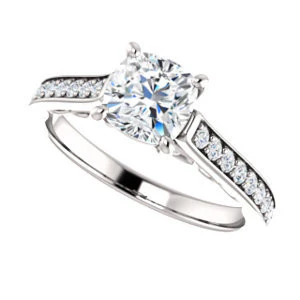 Cubic Zirconia Engagement Ring- The Jamiyah (Customizable Cushion Cut Design with Decorative Trellis Engraving and Pavé Band) - Image 6